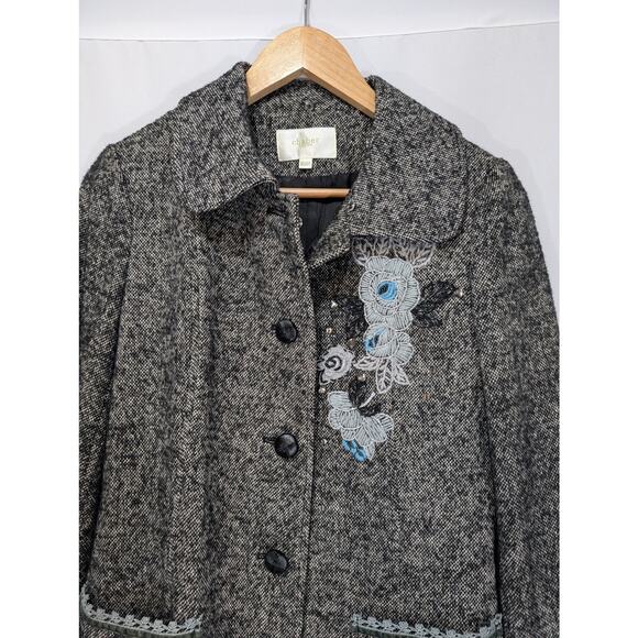 Chaber Wool Mulberry Silk Embroidered Tweed Longline Coat Gray Blue Size S - Picture 11 of 12